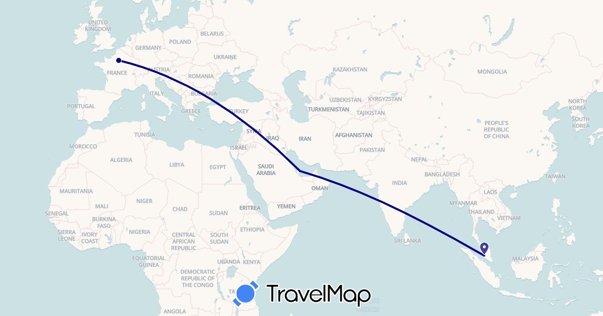 TravelMap itinerary: driving in France, Malaysia, Qatar (Asia, Europe)